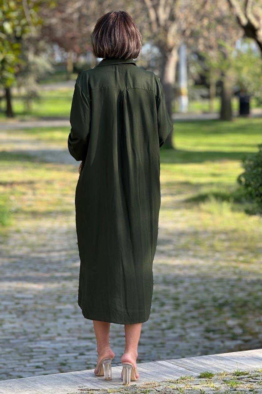 Uzun Boy Haki Renk Gömlek Elbise - %100 Pamuk Dokuma