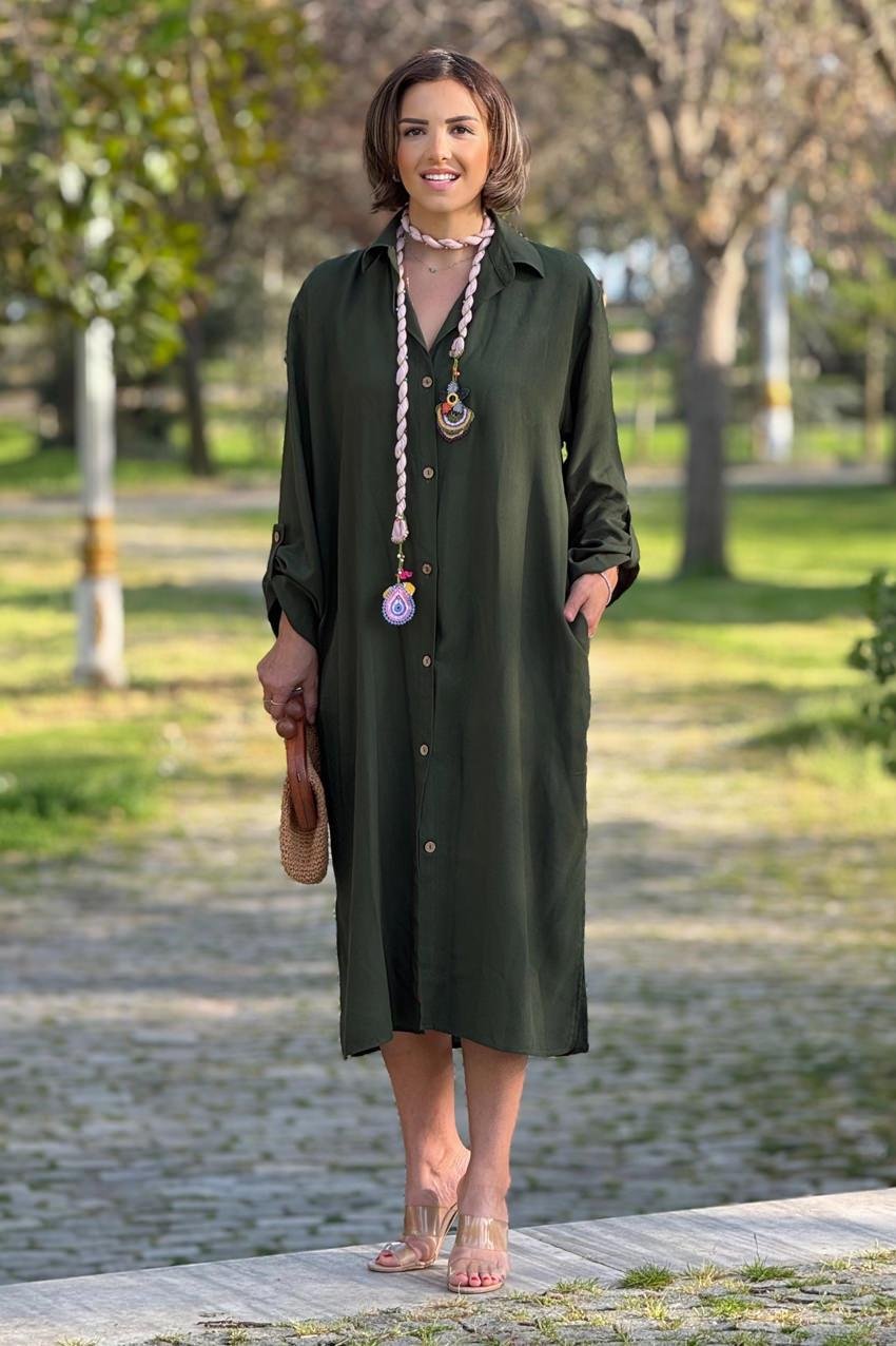 Uzun Boy Haki Renk Gömlek Elbise - %100 Pamuk Dokuma