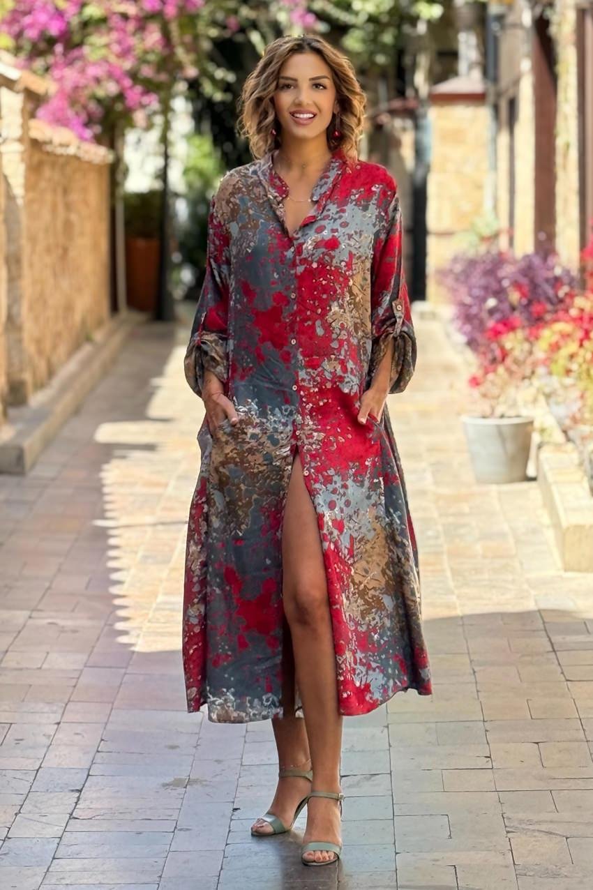 UZUN BOY Kırmızı Gri Yağlı Boya Büyük Beden Gömlek Elbise