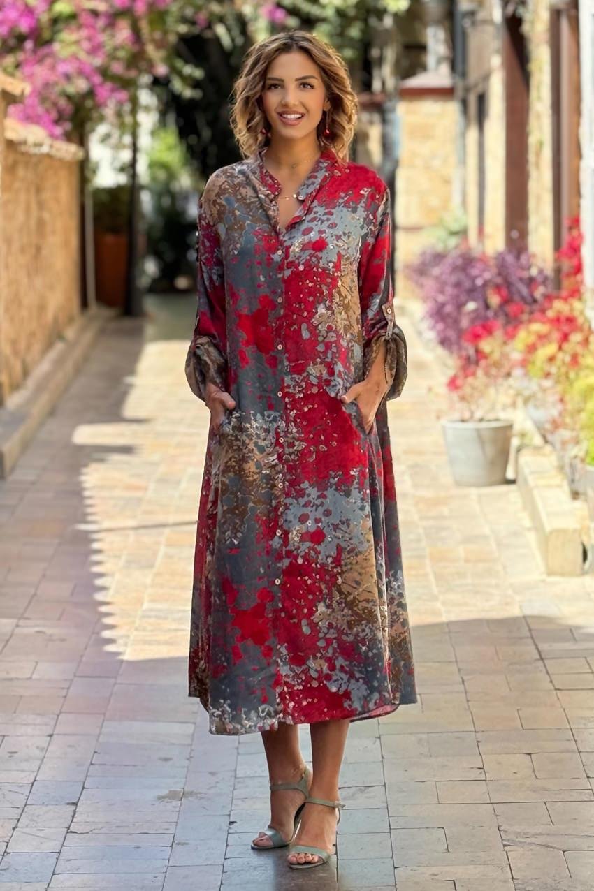 UZUN BOY Kırmızı Gri Yağlı Boya Büyük Beden Gömlek Elbise