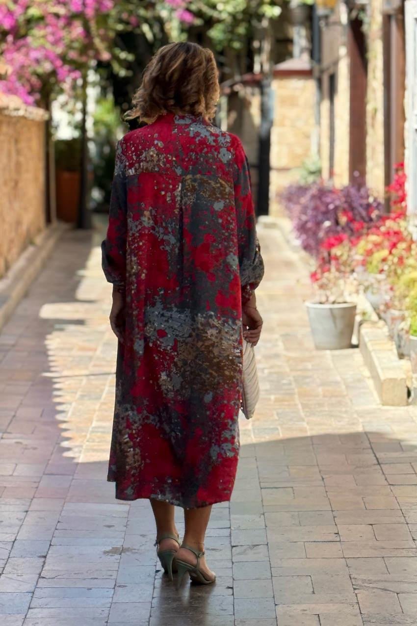 UZUN BOY Kırmızı Gri Yağlı Boya Büyük Beden Gömlek Elbise