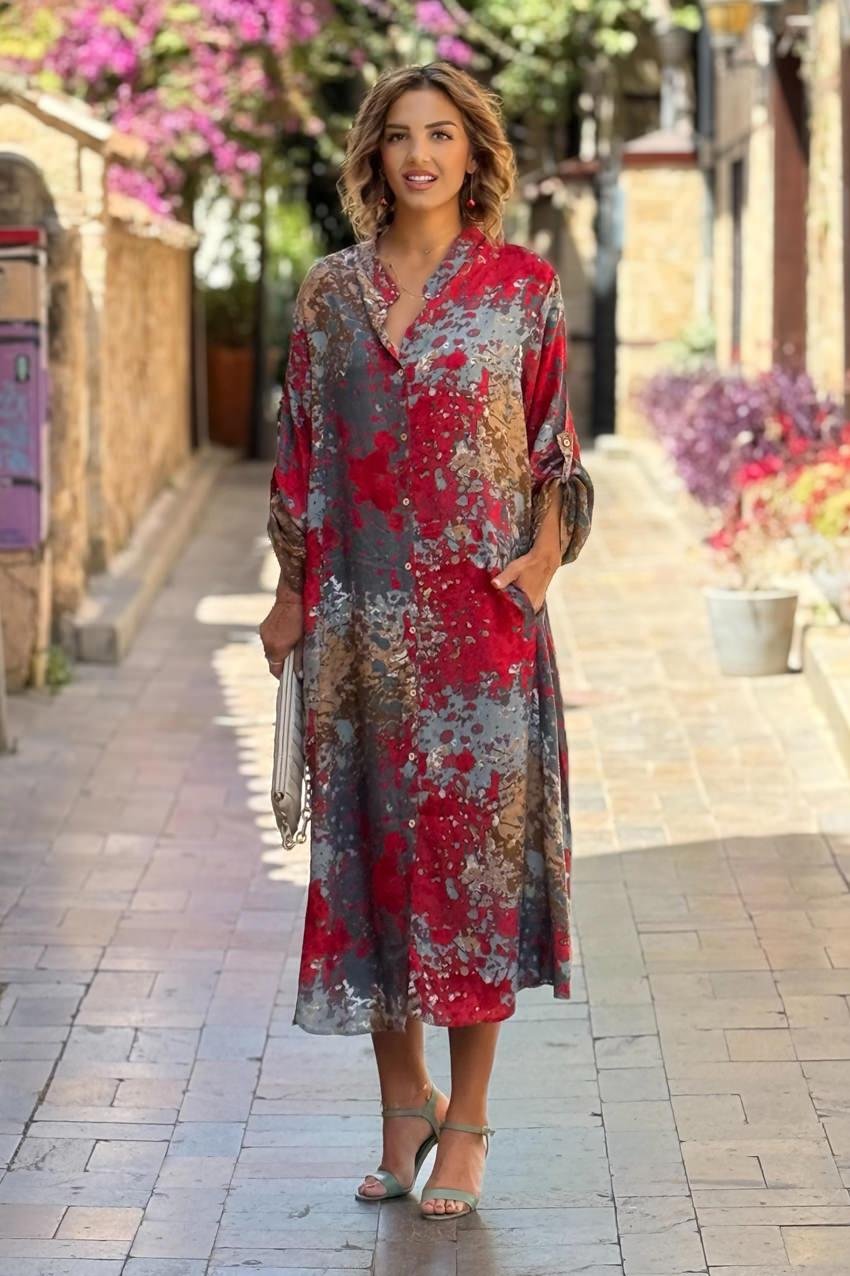 UZUN BOY Kırmızı Gri Yağlı Boya Büyük Beden Gömlek Elbise