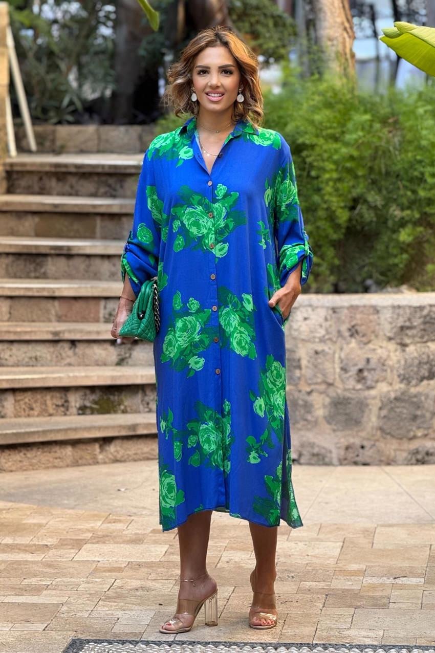 UZUN BOY Mavi Yeşil Güllü Gömlek Elbise