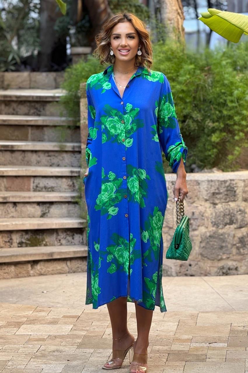 UZUN BOY Mavi Yeşil Güllü Gömlek Elbise