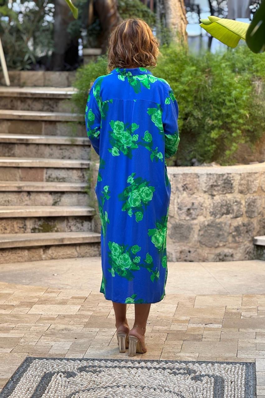 UZUN BOY Mavi Yeşil Güllü Gömlek Elbise
