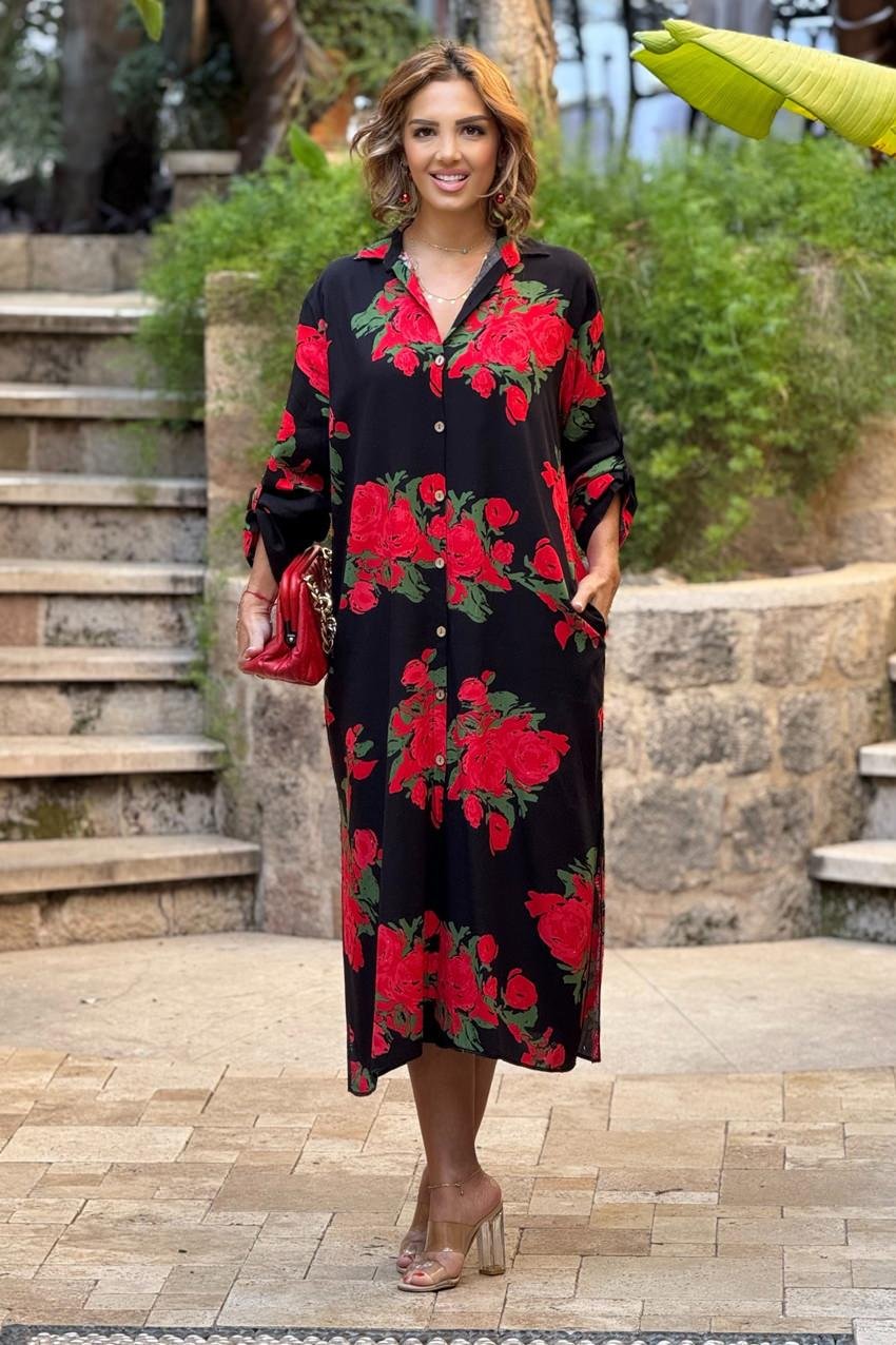 UZUN BOY Siyah Kırmızı Güllü Gömlek Elbise