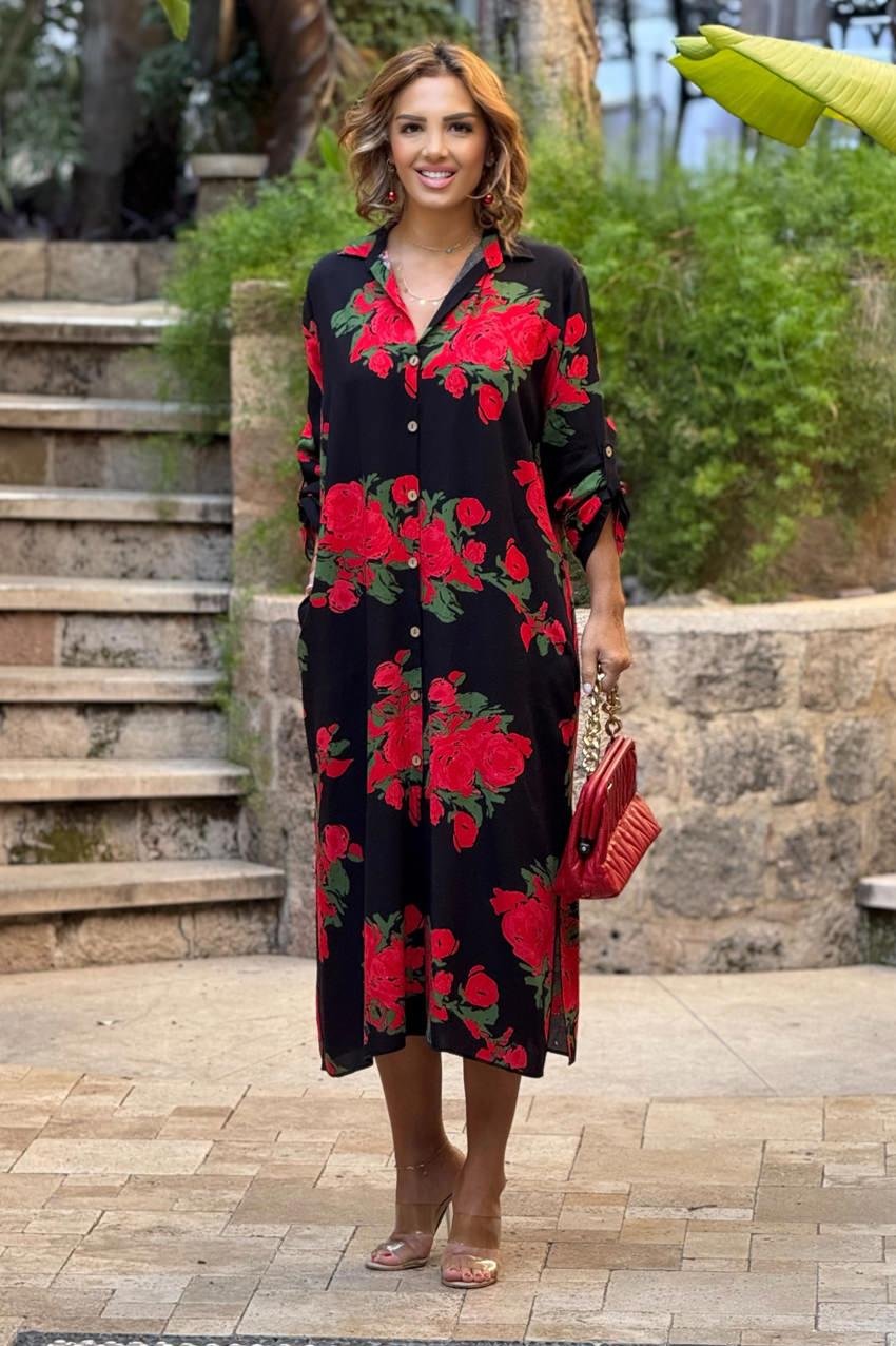 UZUN BOY Siyah Kırmızı Güllü Gömlek Elbise