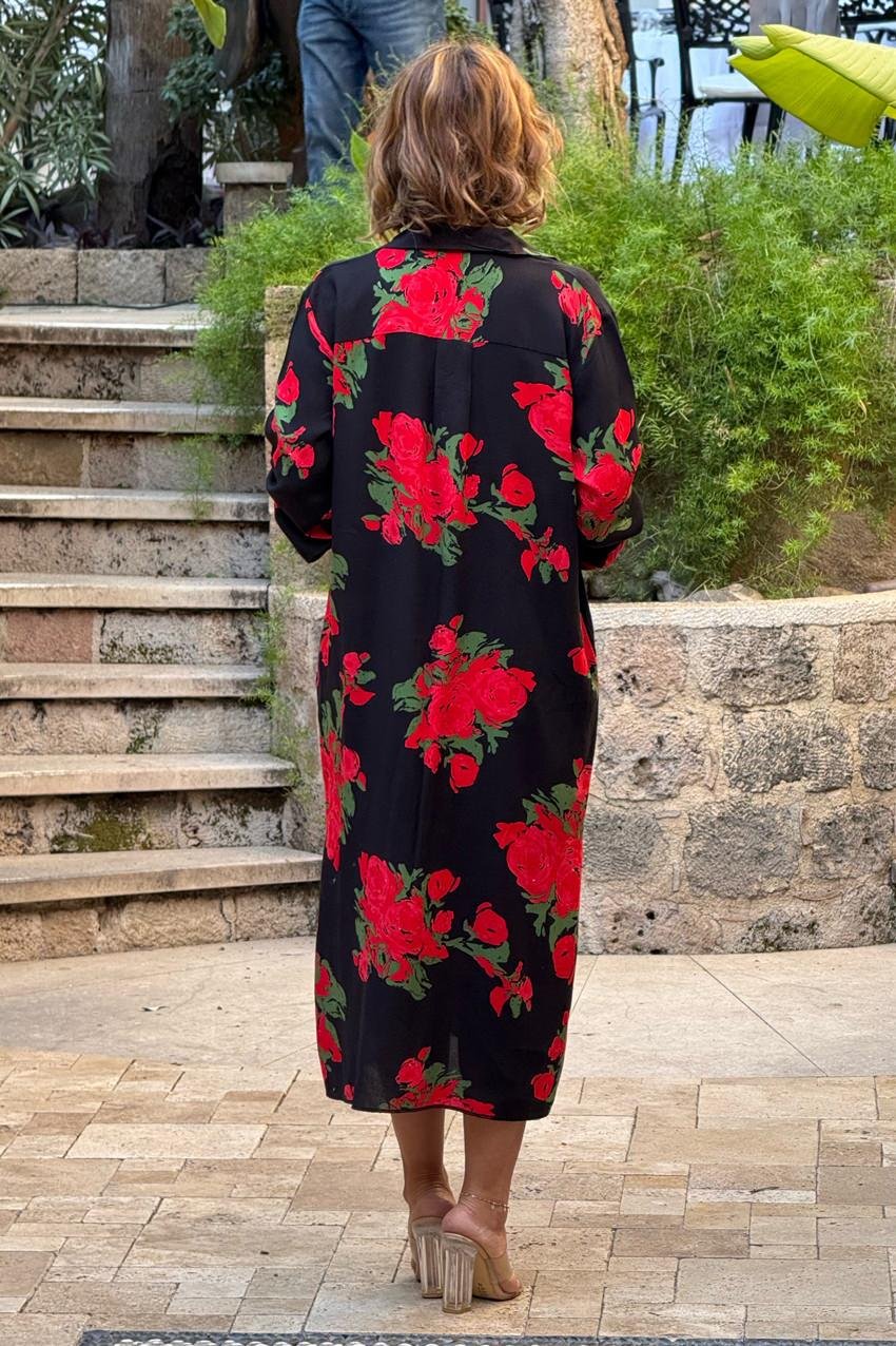 UZUN BOY Siyah Kırmızı Güllü Gömlek Elbise