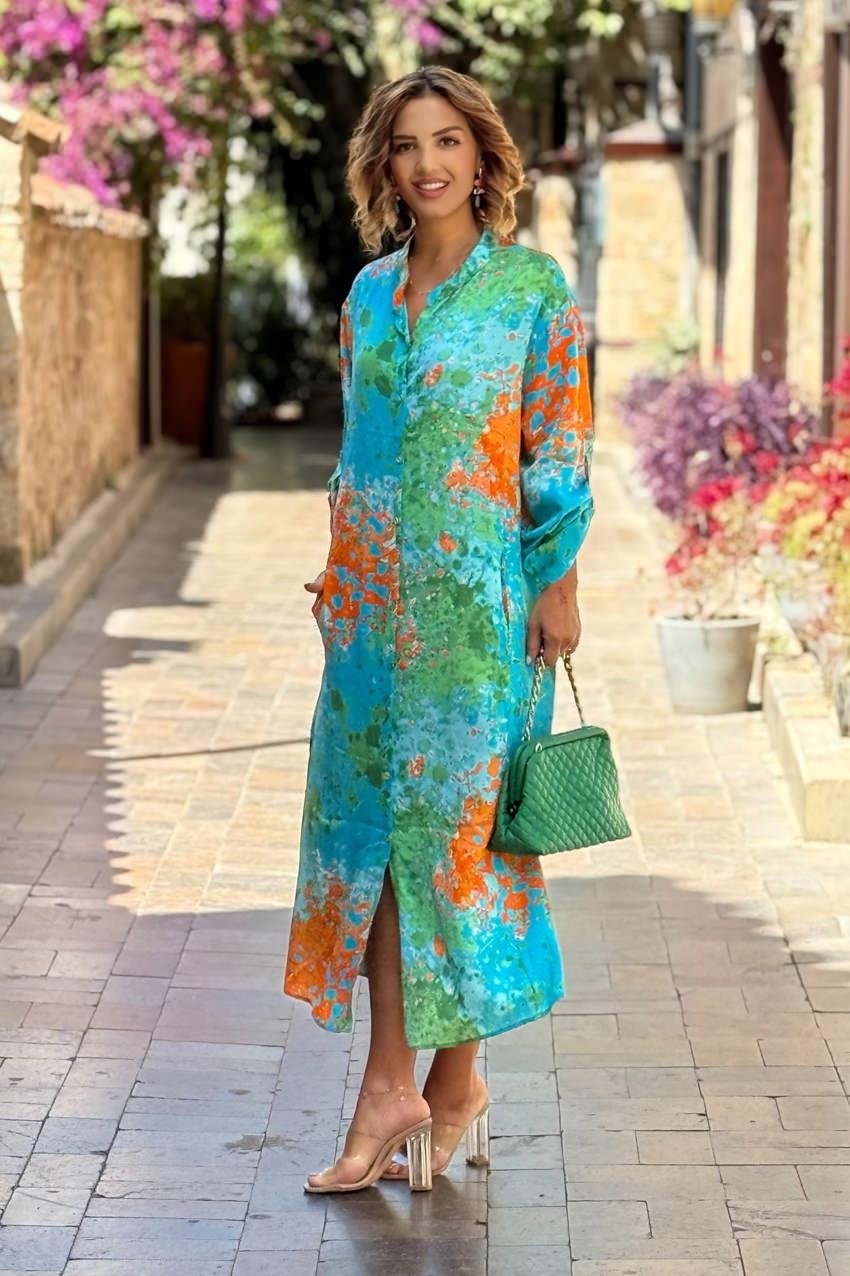 UZUN BOY Turkuaz Yağlı Boya Büyük Beden Gömlek Elbise