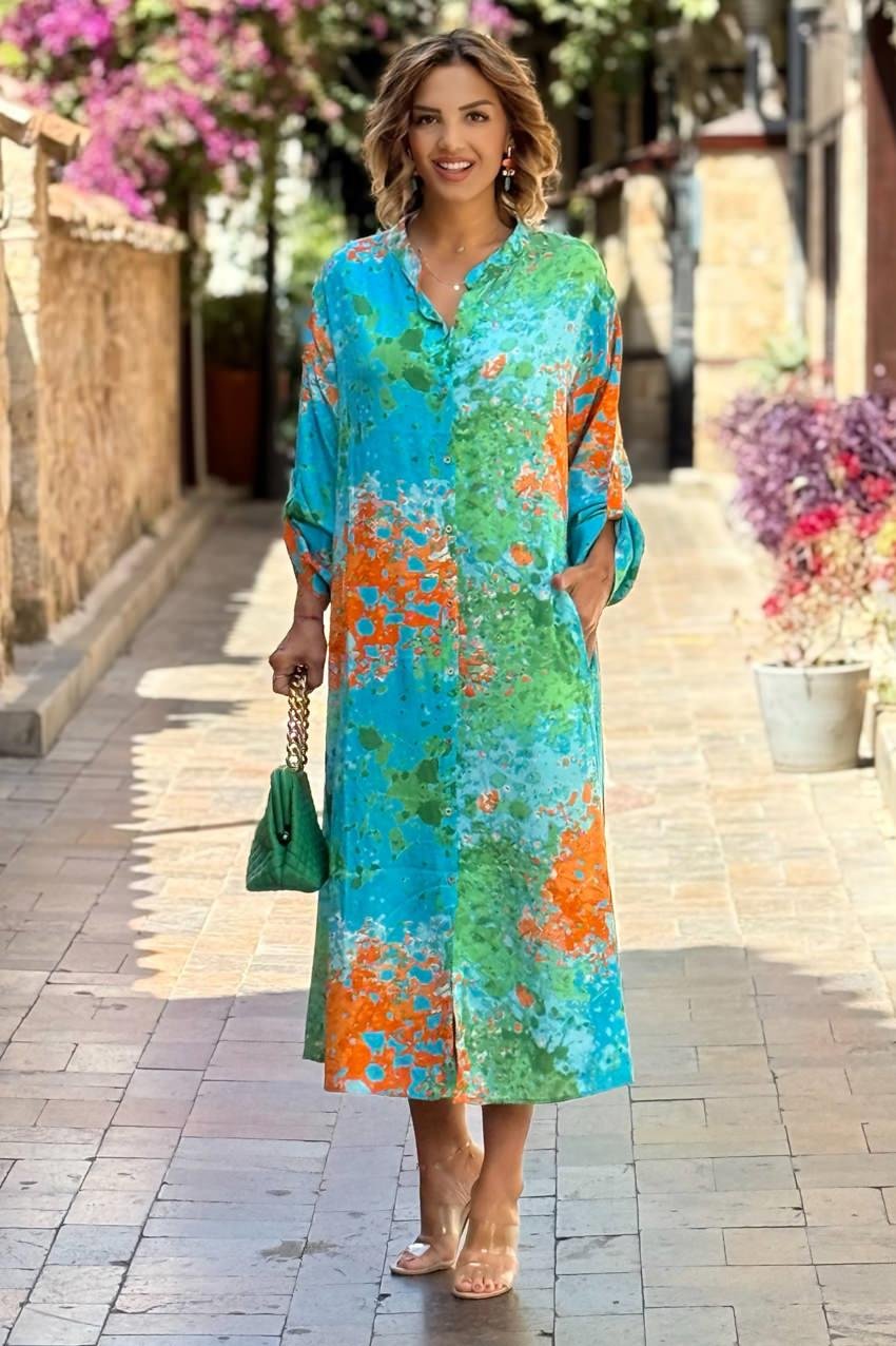 UZUN BOY Turkuaz Yağlı Boya Büyük Beden Gömlek Elbise