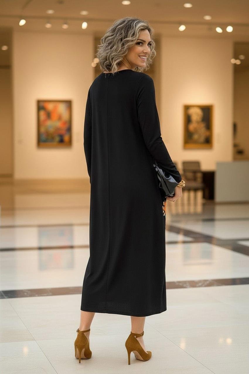 UZUN KOL Siyah Rengarenk Çiçek Nakışlı V Yaka Pamuklu Penye Viskon Elbise