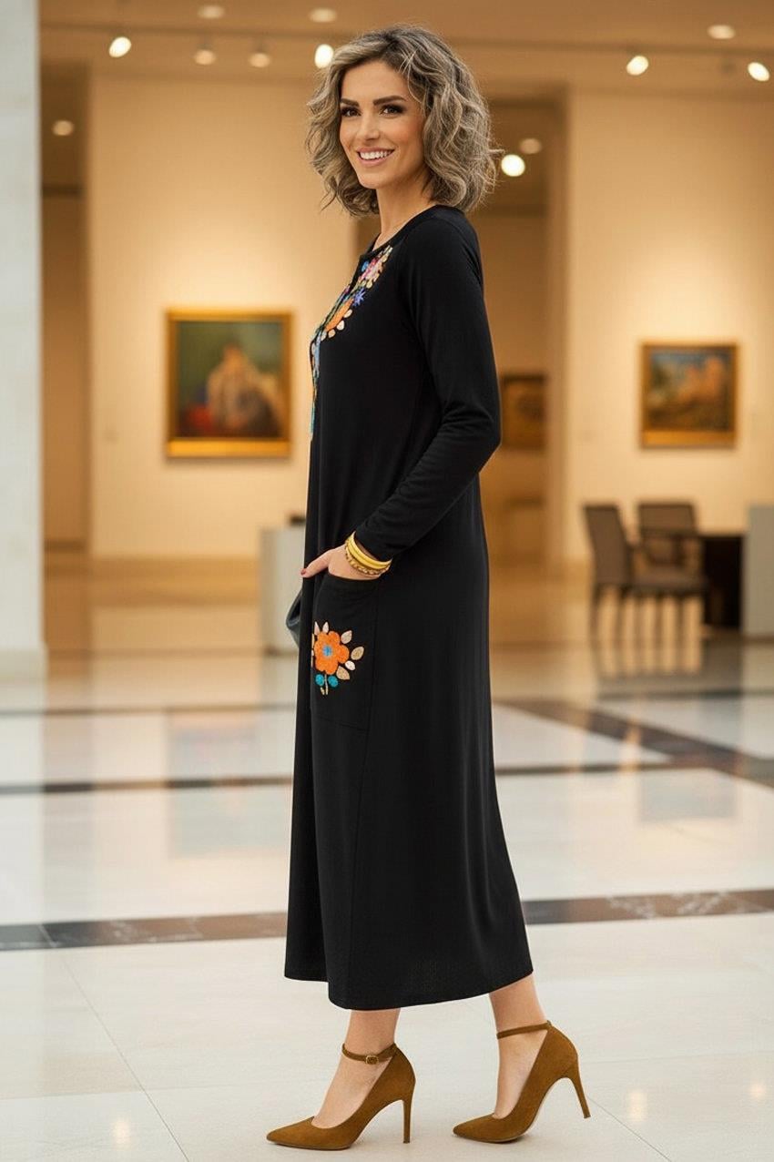 UZUN KOL Siyah Rengarenk Çiçek Nakışlı V Yaka Pamuklu Penye Viskon Elbise