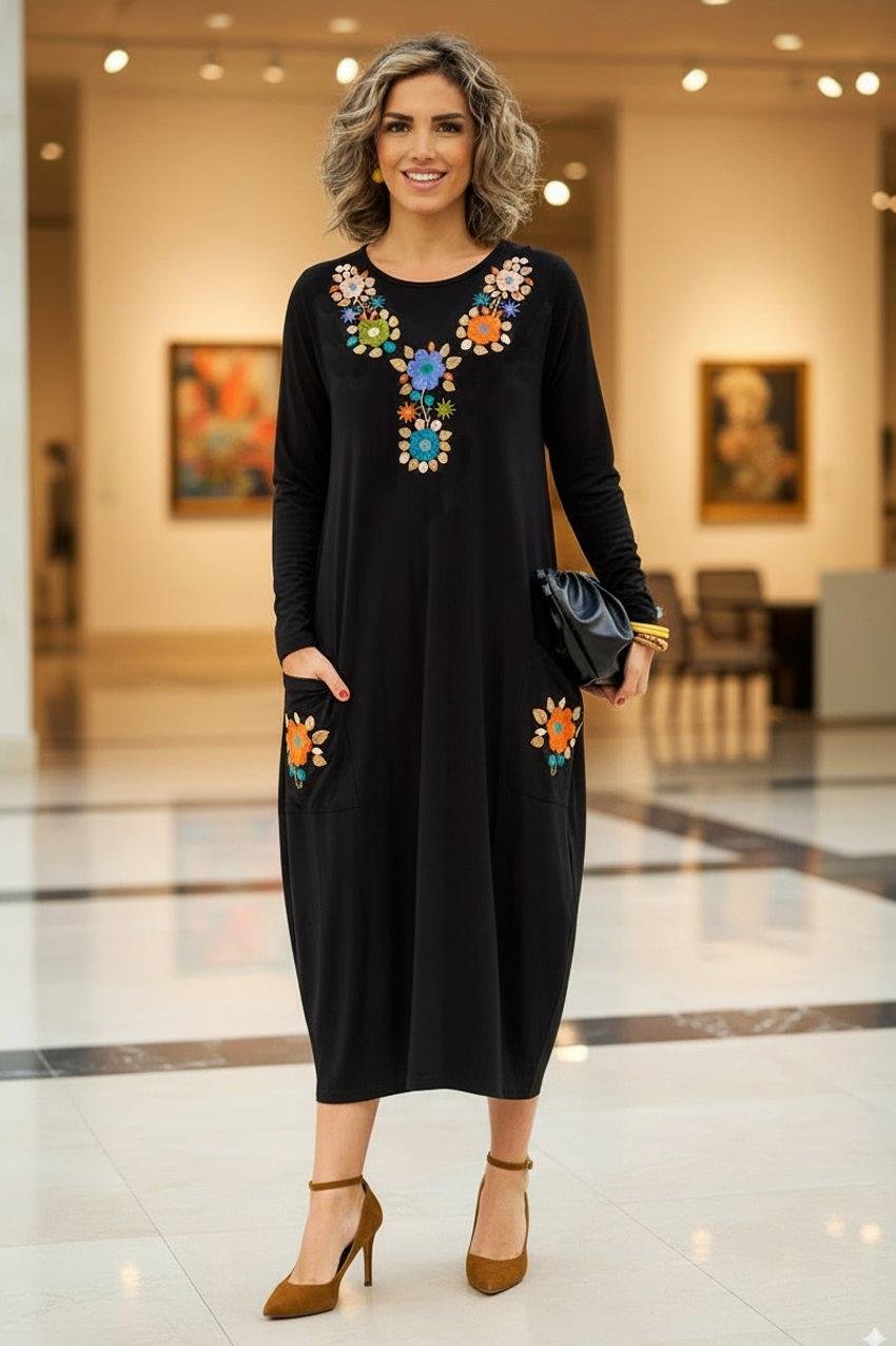 UZUN KOL Siyah Rengarenk Çiçek Nakışlı V Yaka Pamuklu Penye Viskon Elbise