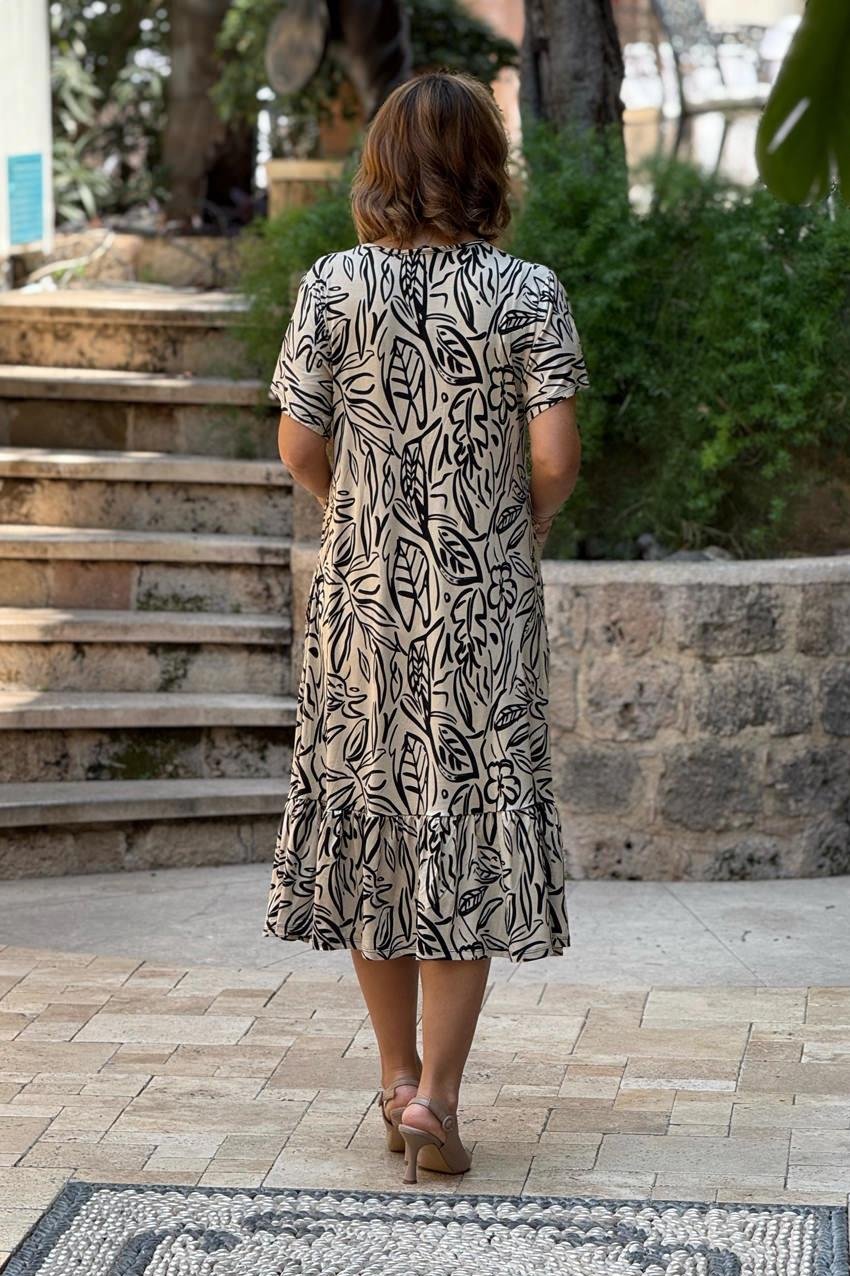V YAKA Krem Yaprak Desen Yazlık Pamuklu Penye Elbise