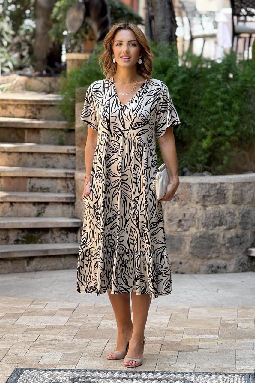 V YAKA Krem Yaprak Desen Yazlık Pamuklu Penye Elbise