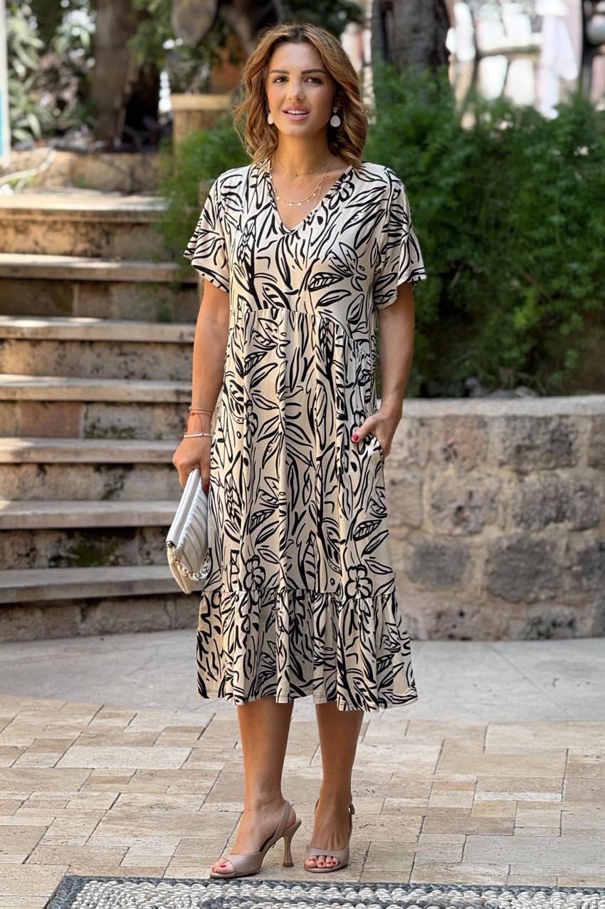 V YAKA Krem Yaprak Desen Yazlık Pamuklu Penye Elbise