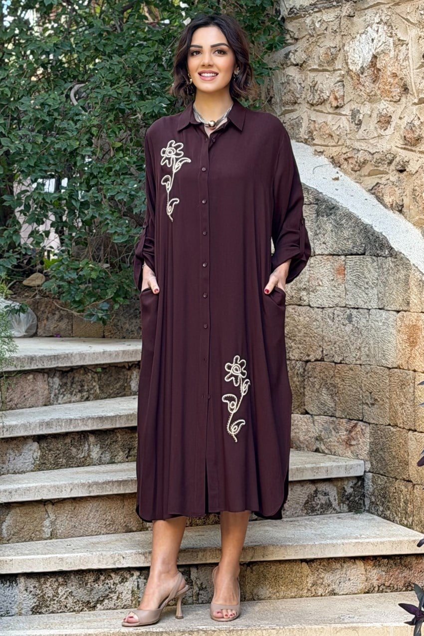 V276 Kahverengi Çiçek Nakışlı Gömlek Elbise Pantolon Takım