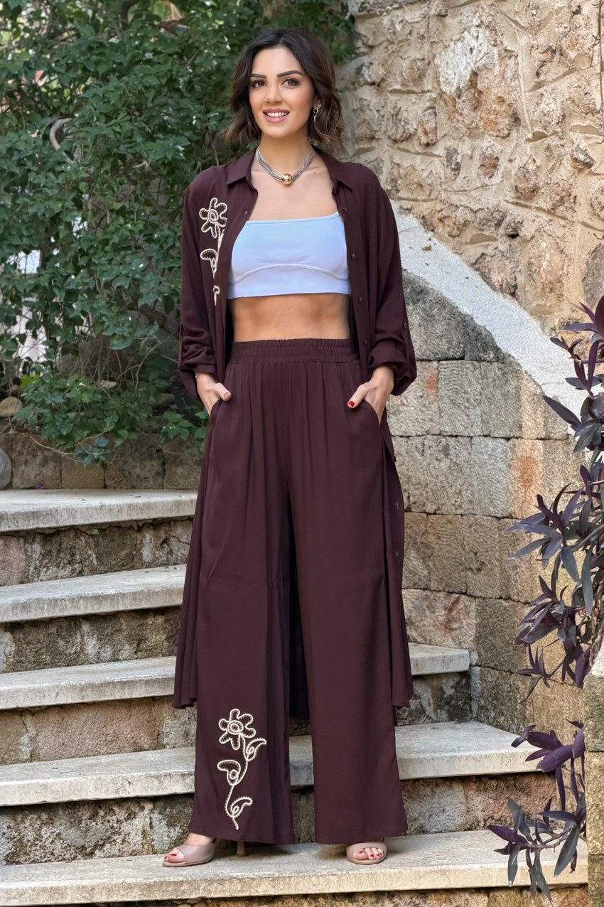V276 Kahverengi Çiçek Nakışlı Gömlek Elbise Pantolon Takım