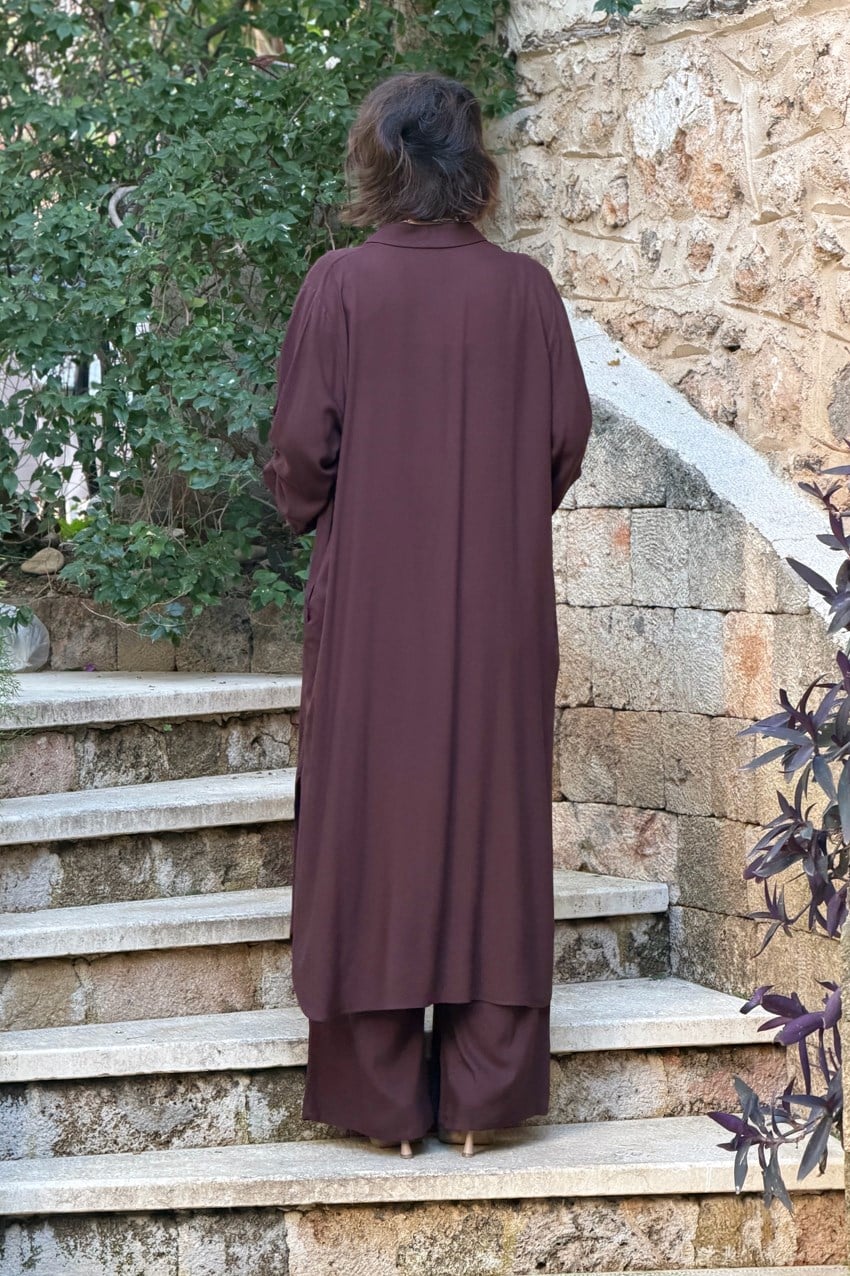 V276 Kahverengi Çiçek Nakışlı Gömlek Elbise Pantolon Takım