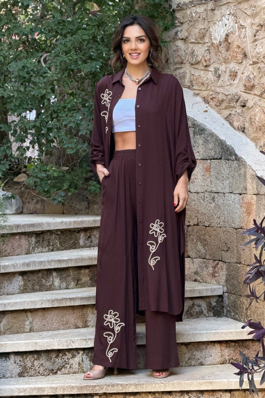 V276 Kahverengi Çiçek Nakışlı Gömlek Elbise Pantolon Takım