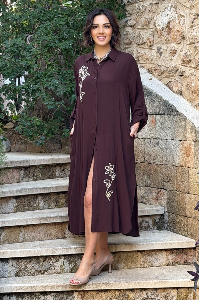 V276 Kahverengi Çiçek Nakışlı Gömlek Elbise Pantolon Takım