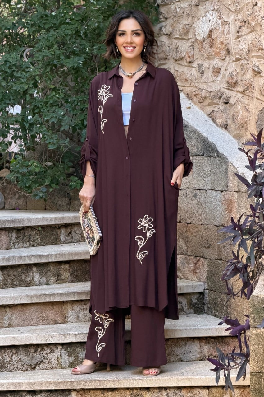 V276 Kahverengi Çiçek Nakışlı Gömlek Elbise Pantolon Takım