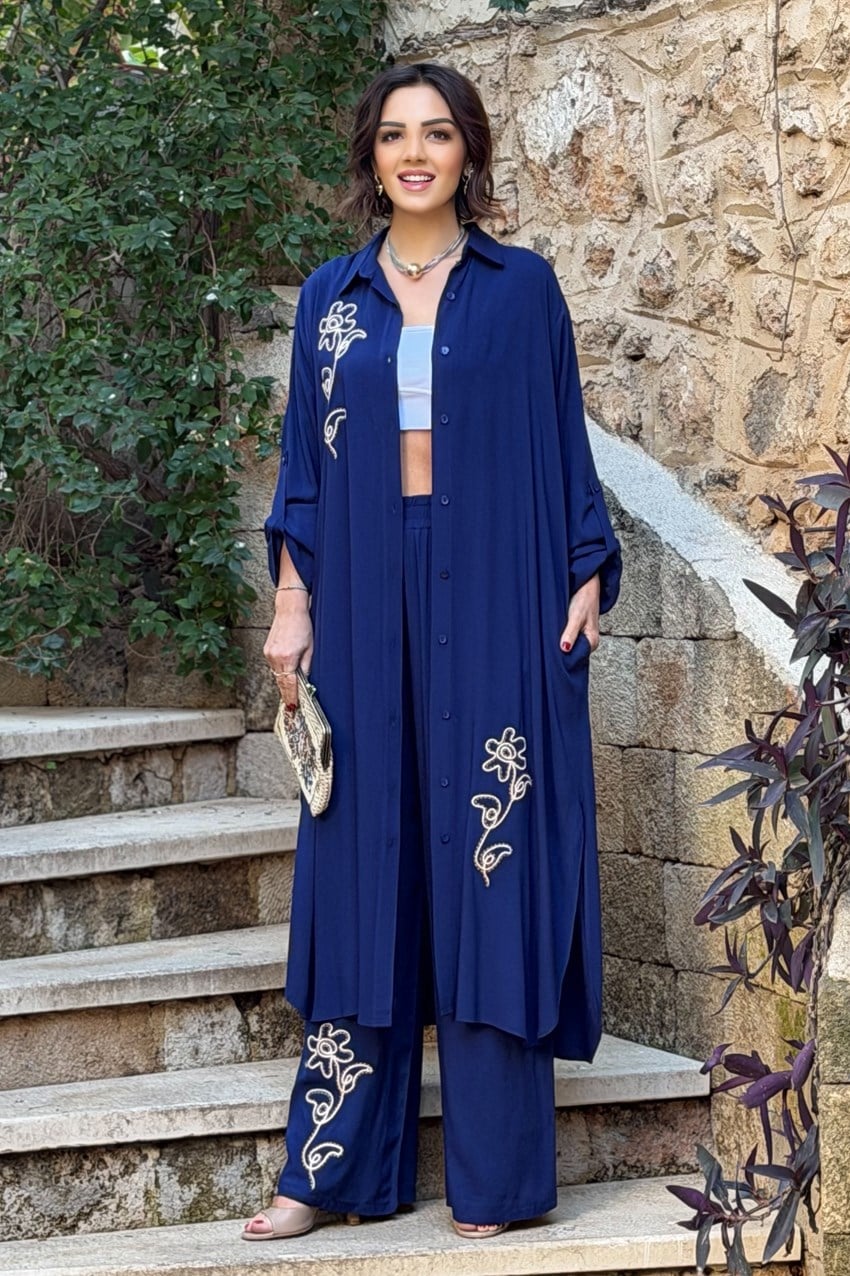 V276 Lacivert Çiçek Nakışlı Gömlek Elbise Pantolon Takım