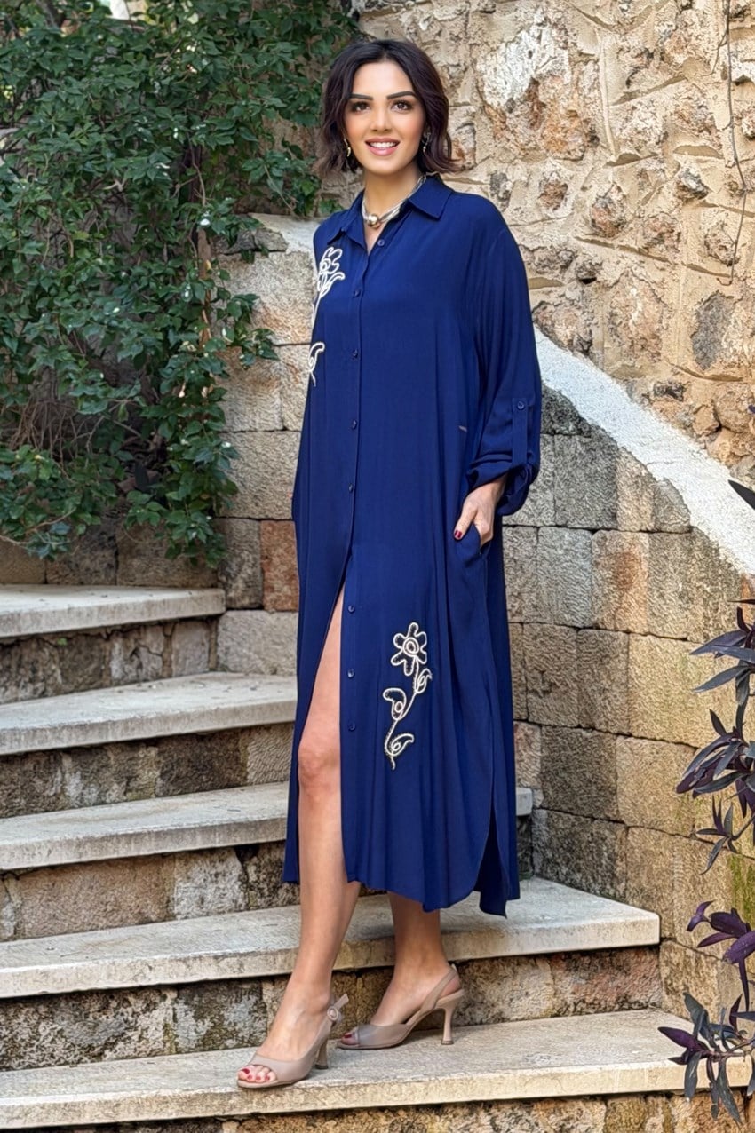 V276 Lacivert Çiçek Nakışlı Gömlek Elbise Pantolon Takım