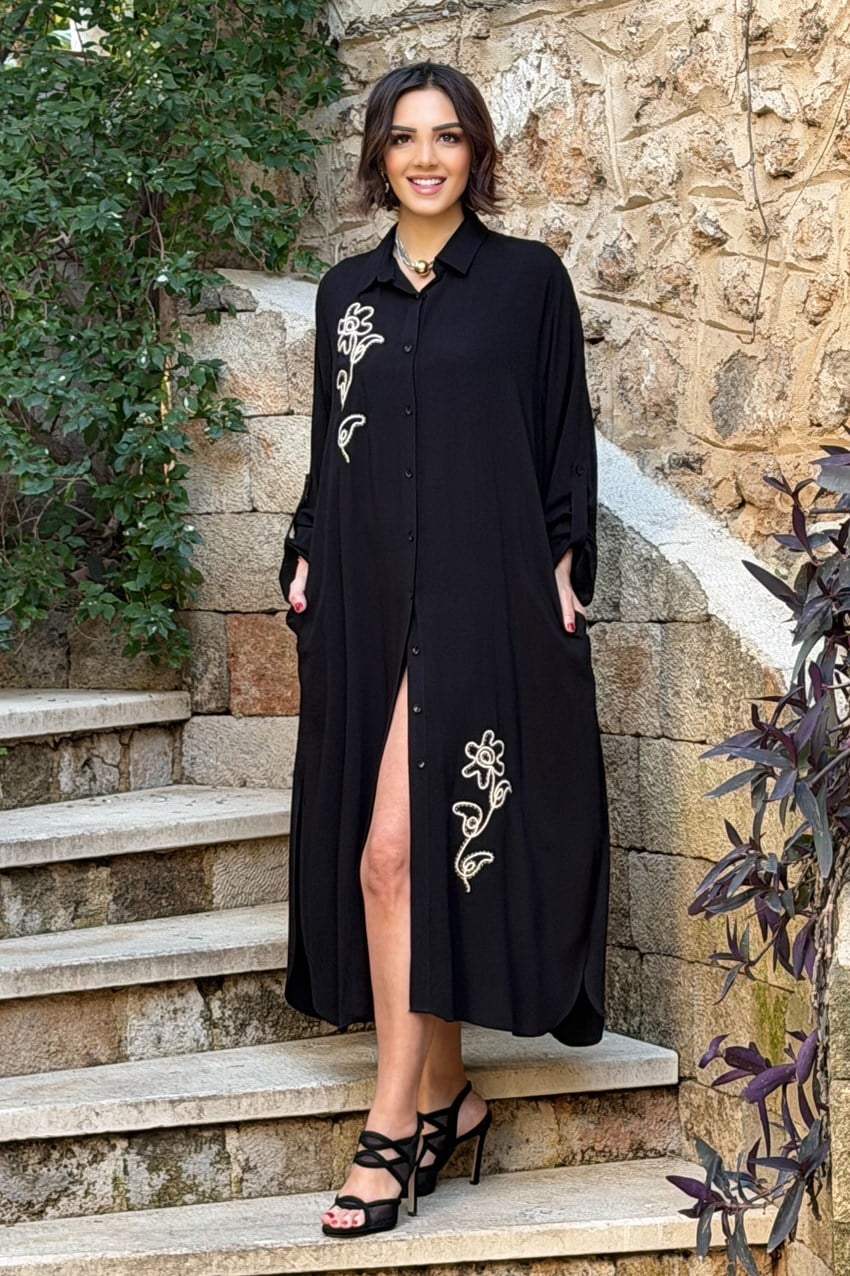 V276 Siyah Çiçek Nakışlı Gömlek Elbise Pantolon Takım