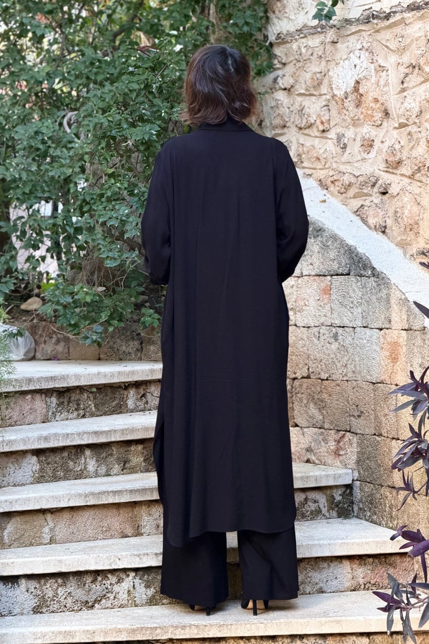 V276 Siyah Çiçek Nakışlı Gömlek Elbise Pantolon Takım