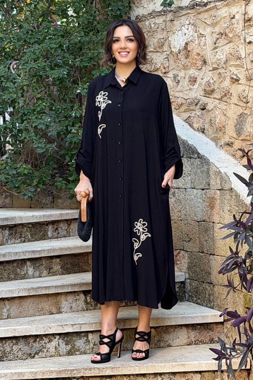 V276 Siyah Çiçek Nakışlı Gömlek Elbise Pantolon Takım