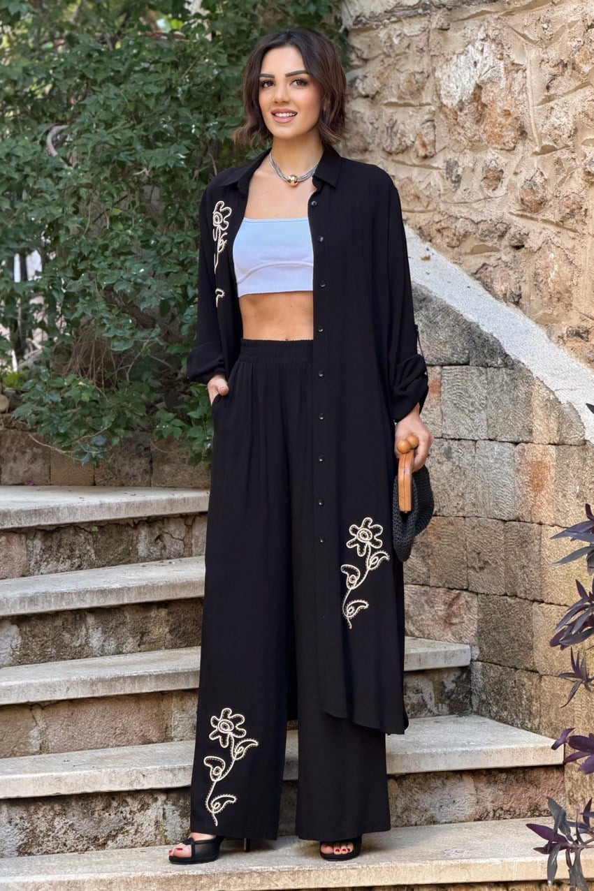 V276 Siyah Çiçek Nakışlı Gömlek Elbise Pantolon Takım