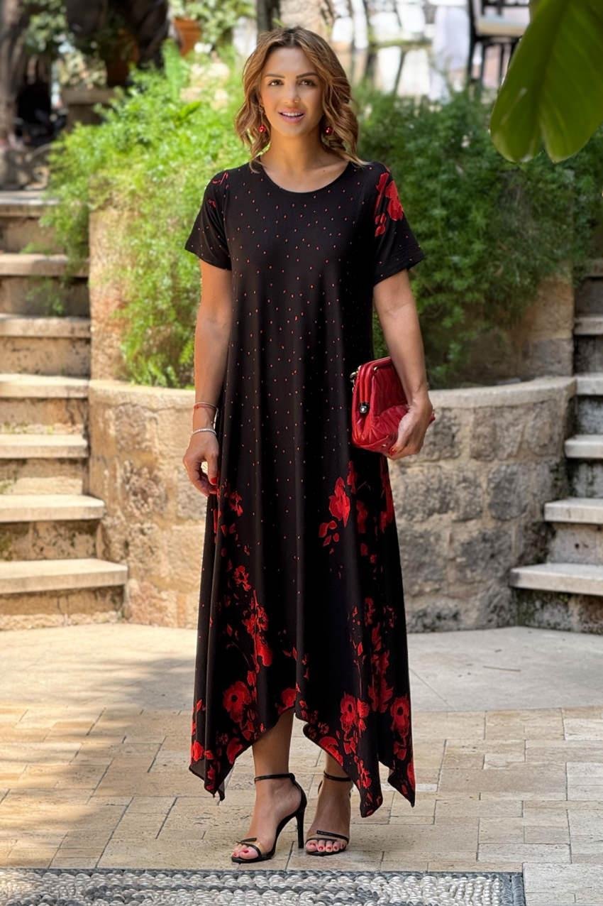 Verev Kesim Ateş Çiçeği Desenli Elbise