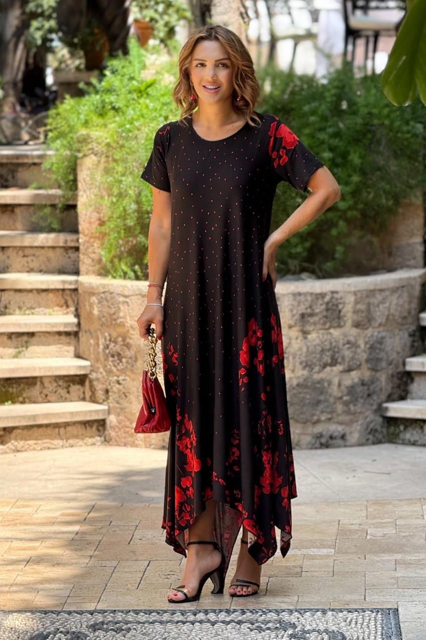 Verev Kesim Ateş Çiçeği Desenli Elbise