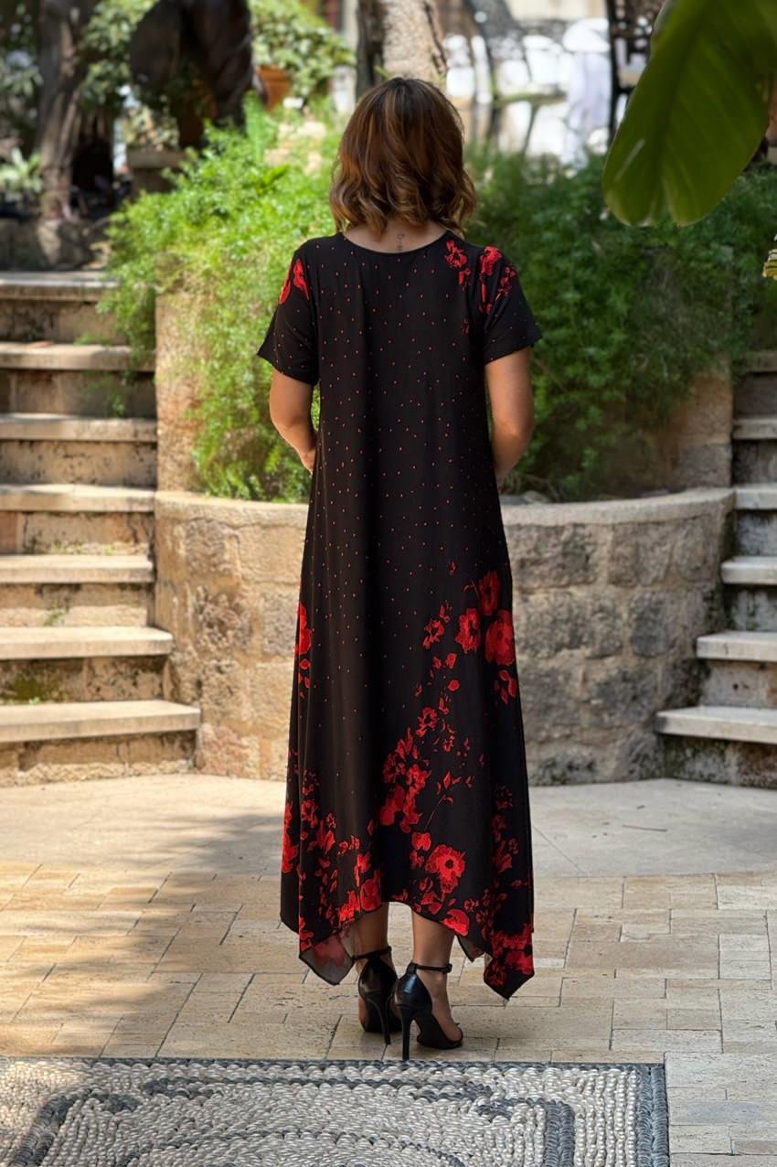 Verev Kesim Ateş Çiçeği Desenli Elbise