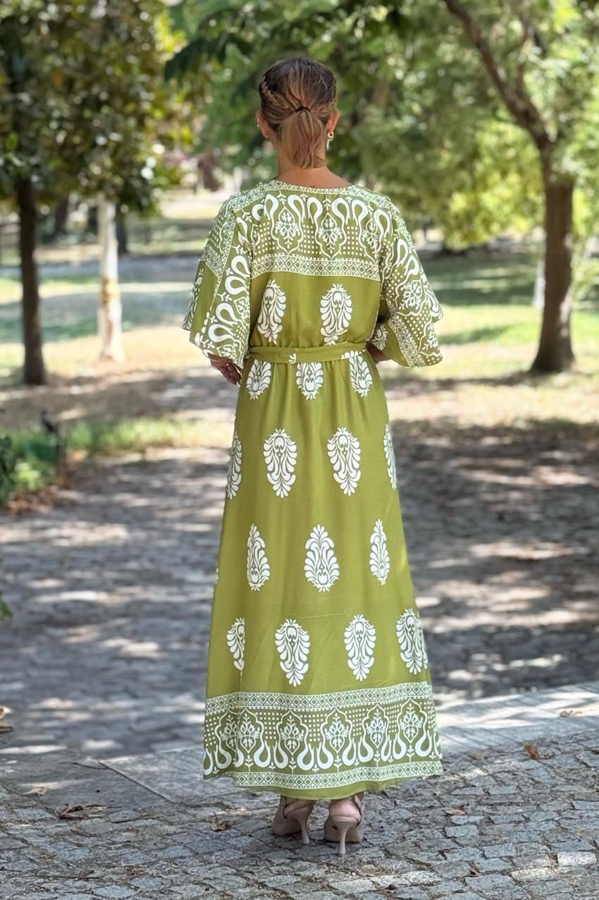 Yağ Yeşili Kruvaze Yaka Elbise