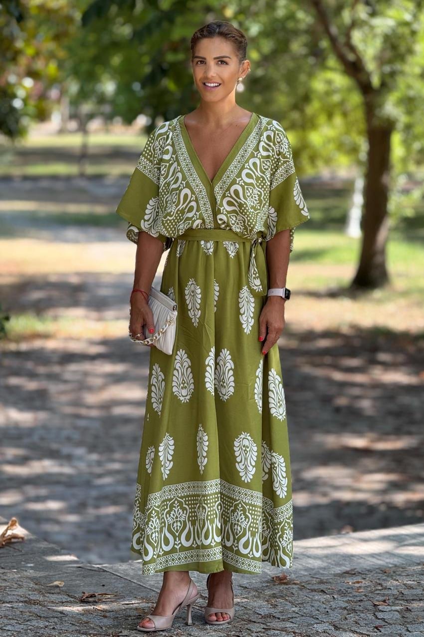 Yağ Yeşili Kruvaze Yaka Elbise