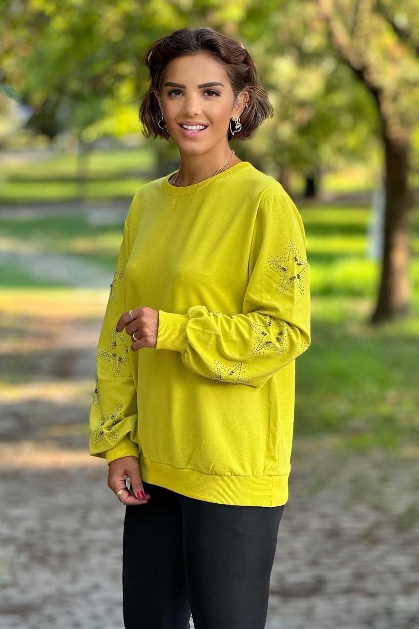 Yağ Yeşili Yıldız Taşlı %100 Pamuk Sweatshirt