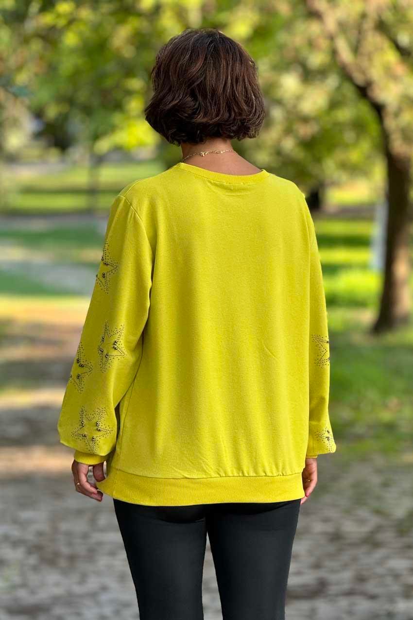 Yağ Yeşili Yıldız Taşlı %100 Pamuk Sweatshirt