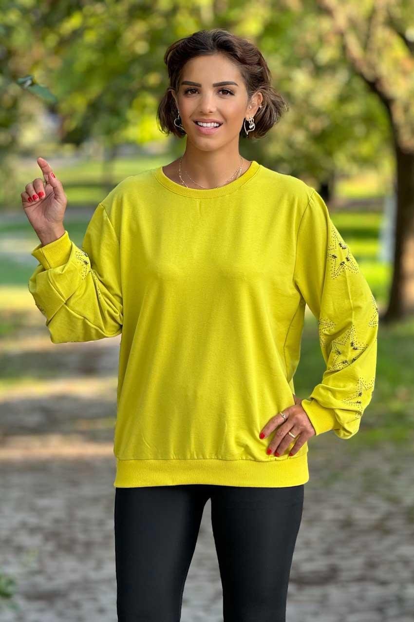 Yağ Yeşili Yıldız Taşlı %100 Pamuk Sweatshirt