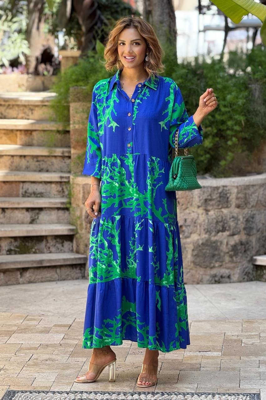 YARIM PATLI Mavi Resif Desenli Elbise