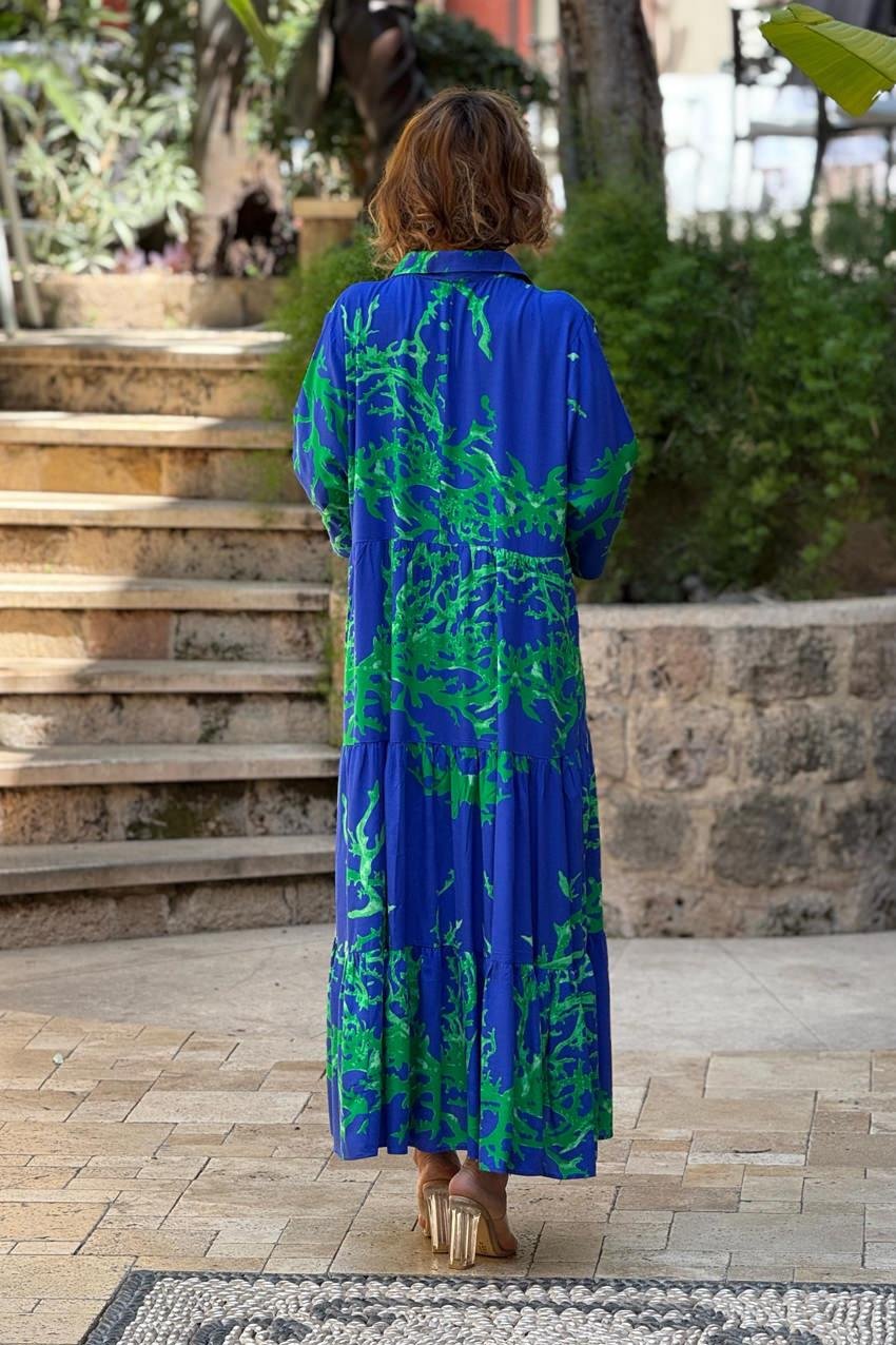 YARIM PATLI Mavi Resif Desenli Elbise