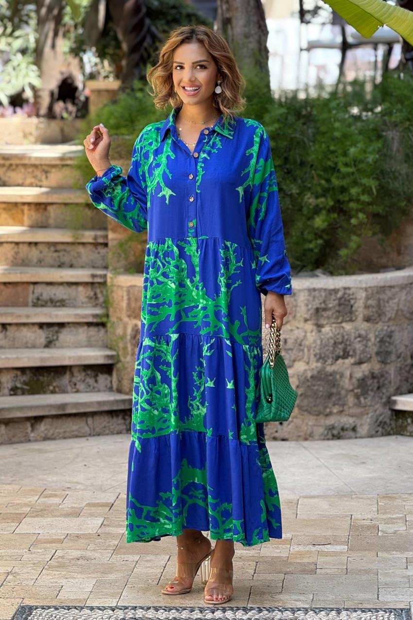 YARIM PATLI Mavi Resif Desenli Elbise