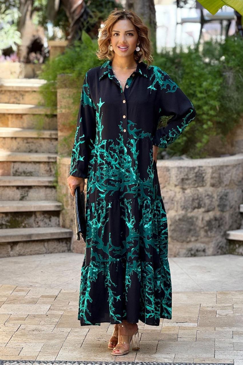 YARIM PATLI Siyah Resif Desenli Elbise