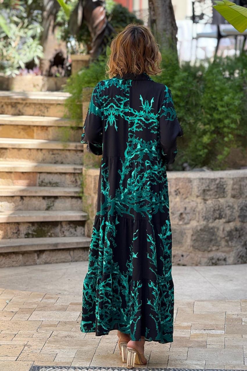 YARIM PATLI Siyah Resif Desenli Elbise