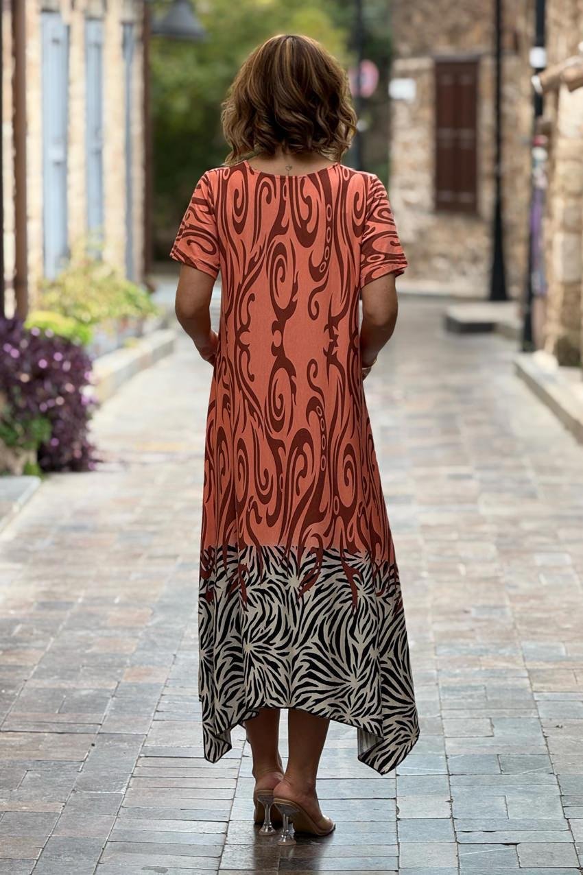 Yavru Ağzı Safari Desen Verev Kesim Elbise