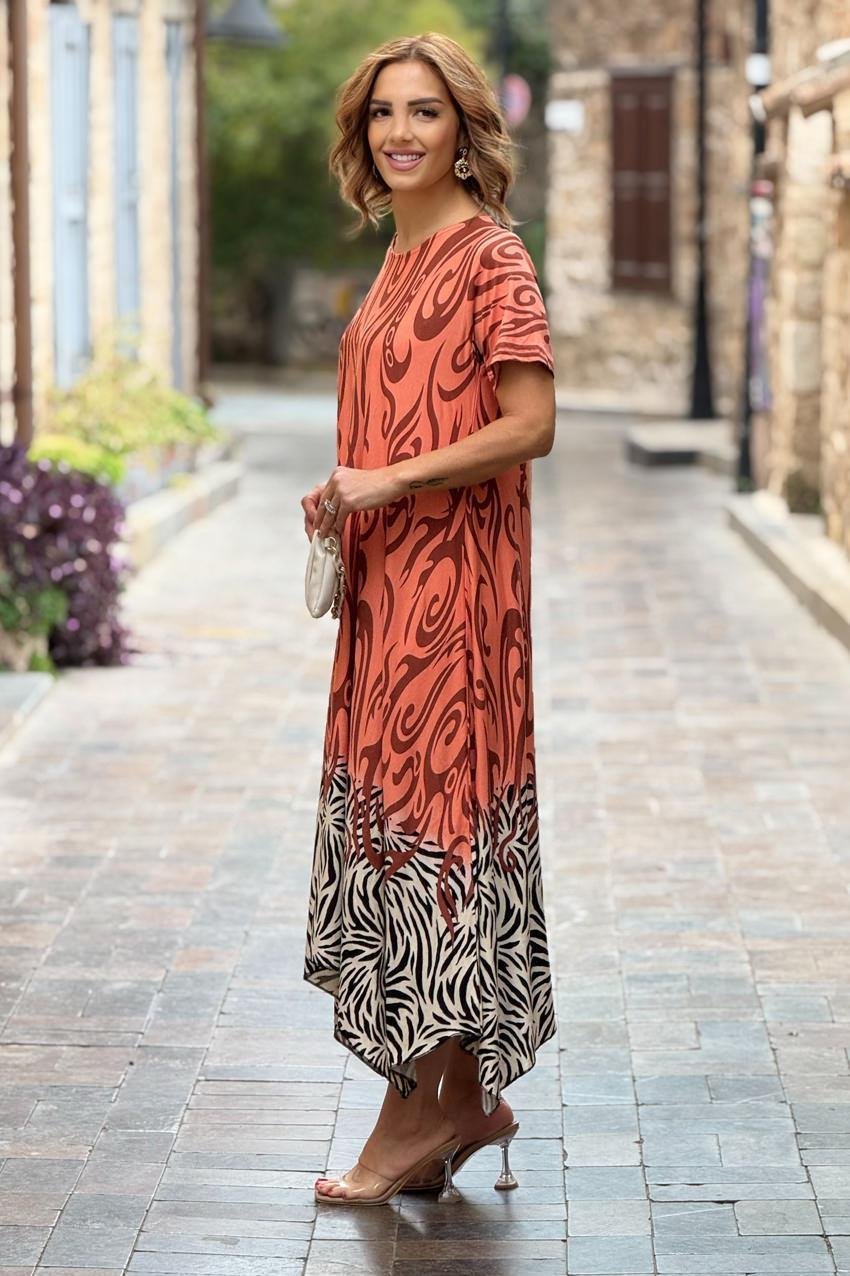 Yavru Ağzı Safari Desen Verev Kesim Elbise