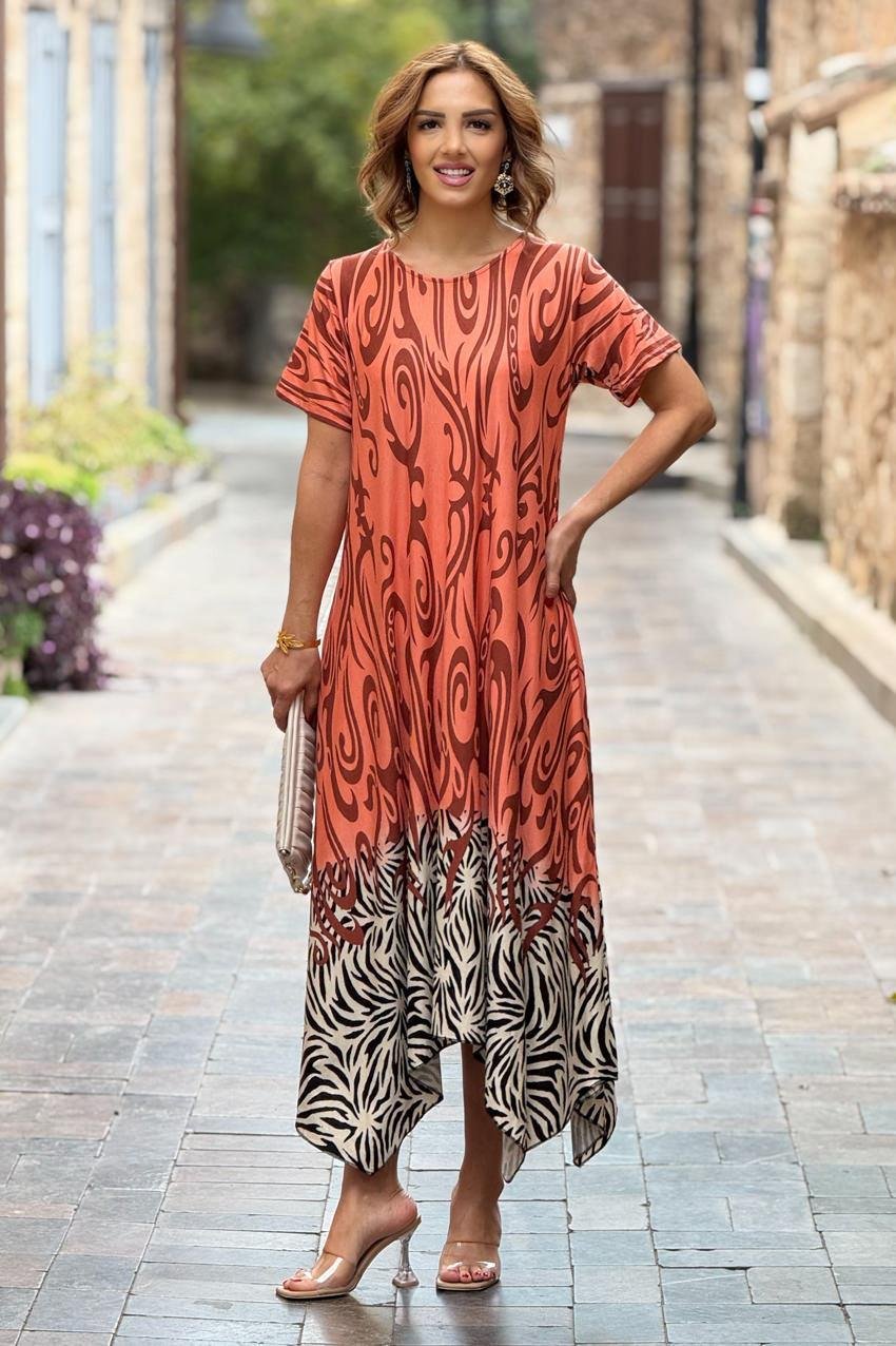 Yavru Ağzı Safari Desen Verev Kesim Elbise