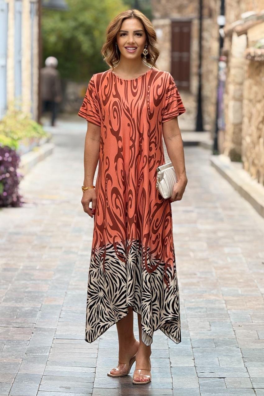 Yavru Ağzı Safari Desen Verev Kesim Elbise