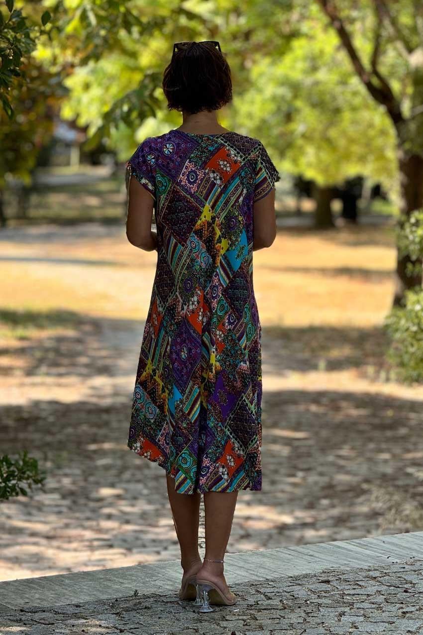 Yazma Desenli Afitap %100 Pamuk Elbise